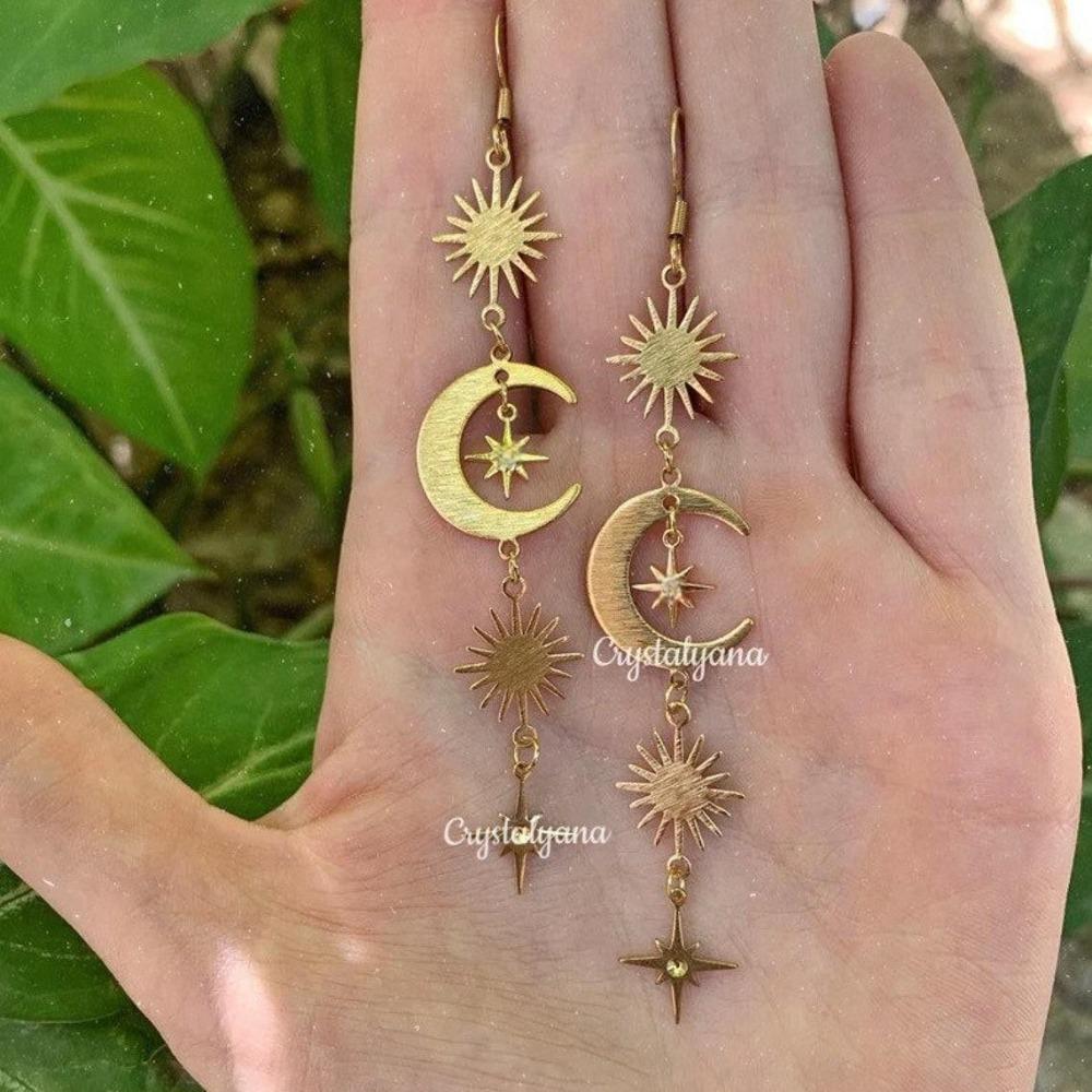 Bohemia Gold Color Stainless Steel Sun Crescent Moon Inlaid Zircon Miscanthus Awn Star Pendant Dangle Earrings for Women Jewelry