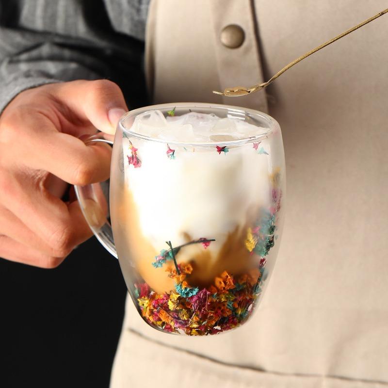 350ml Double-Walled Glass Coffee Mug with Flowers Inside Quicksand Heat Insulated Cup for Espresso & Drinks