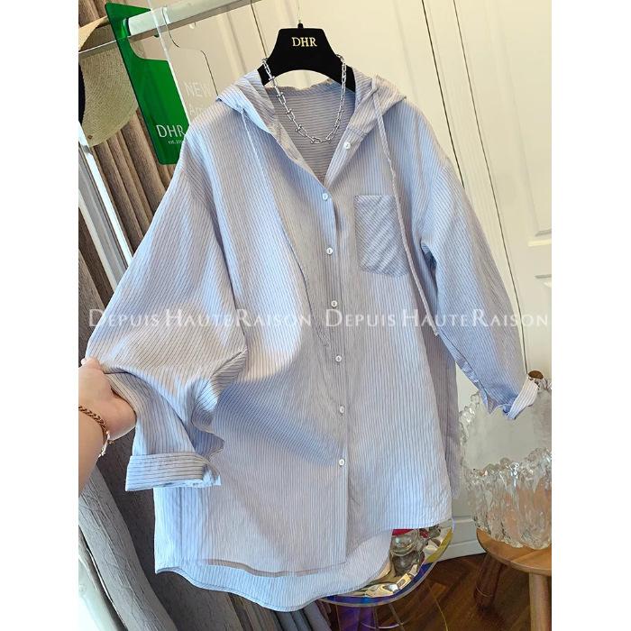 Extra Large 55.5kg Lazy Striped Hooded Sunscreen Shirt Women's Summer Thin Loose Casual Versatile Top