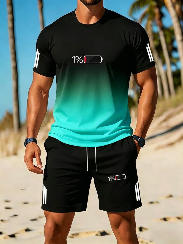 Men's Casual Sportswear Set, Gradient Color Block T-Shirt + Elastic Drawstring Shorts, 2pcs Set with Fun Battery Level Parody Print