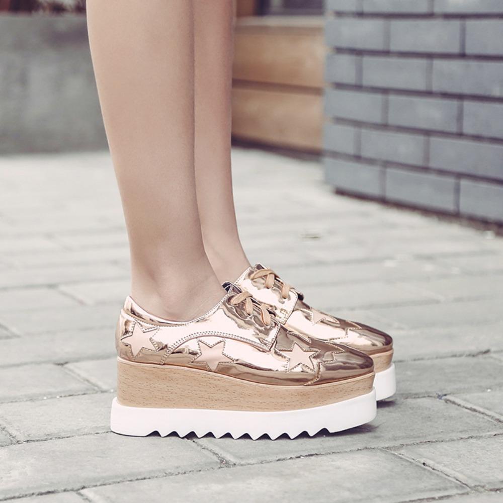Women Korean‑Style Patent Wedge Pumps, Square‑Toe Star Decor Platform Thick‑Sole High Heel Shoes, British‑Inspired Versatile Casual Daily Footwear