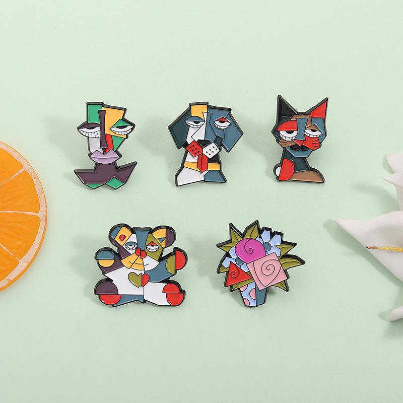 Contemporary Abstract Picasso Art Painting Enamel Pins Geometric Dog Cat Bear Brooches Lapel Badge Jewelry Gifts for Friends