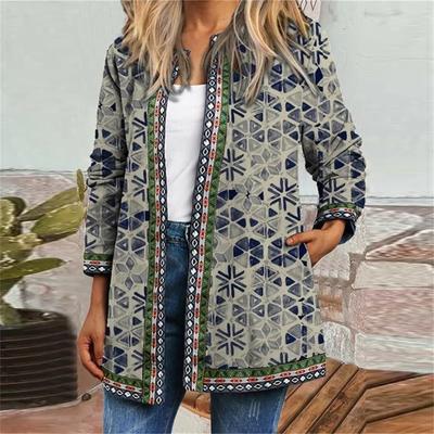 Fashion Ladies Vintage Ethnic Print Long Sleeve Jacket Jacket Cardigan Top
