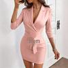 New 2026 Elegant Houndstooth Slim Fit Belted Seven-Sleeve Dress
