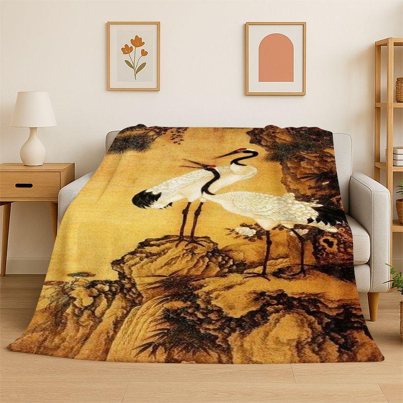 Classic Chinese Elements Style Flannel Blanket Soft Warm Throw Blanket for Bedroom Living Room Bed Travel Camping Picnic Cover
