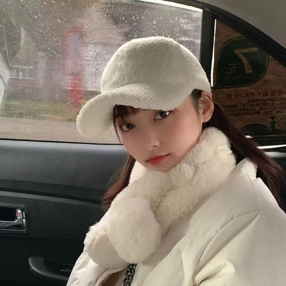 Fuzzy Plush Snapback Velvet Winter Peaked Cap Casual Lamb Wool Baseball Cap  Women