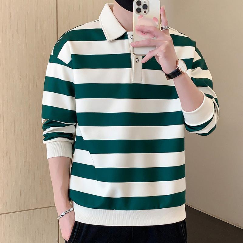 American Style Striped Long Sleeve Hoodie Men Spring Autumn Big Size Loose Turn-down Collar Chic Contrast Color Casual T-Shirts