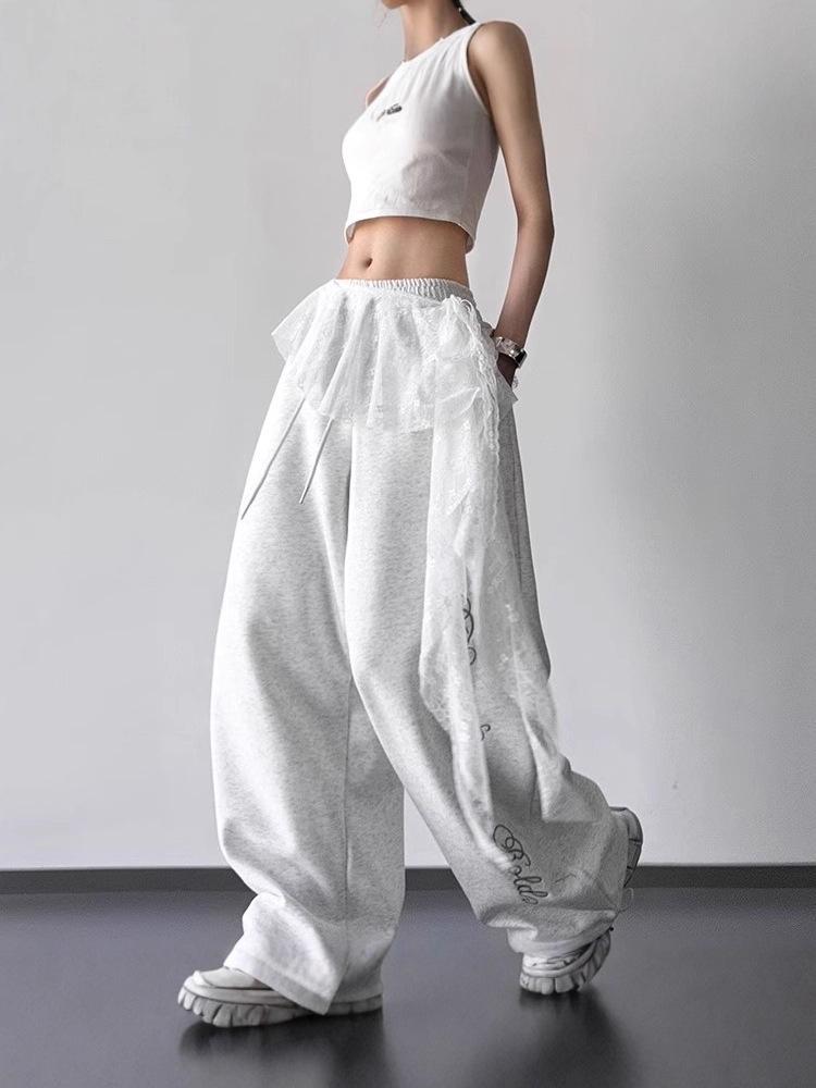 High-Waist Lace Splicing Wide-Leg Street Dance Pants for Women - Spring/Summer Casual Sportswear