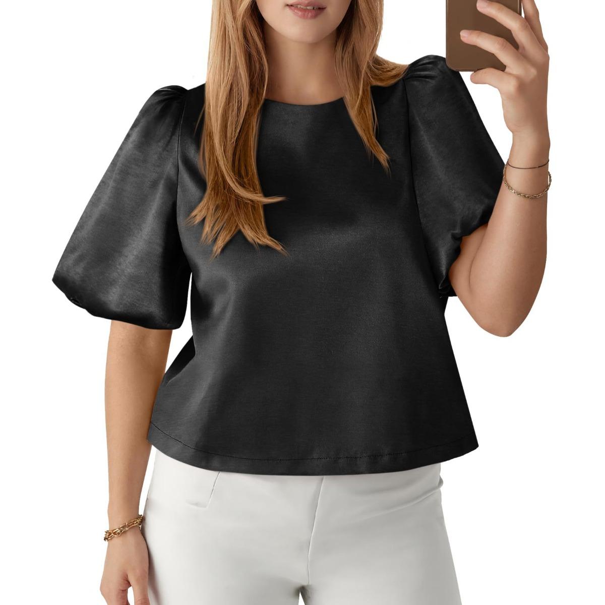 Women s Round Neck Short Sleeve Satin Top Relax Fit Elegant Puff Sleeve Blouse S чёрный