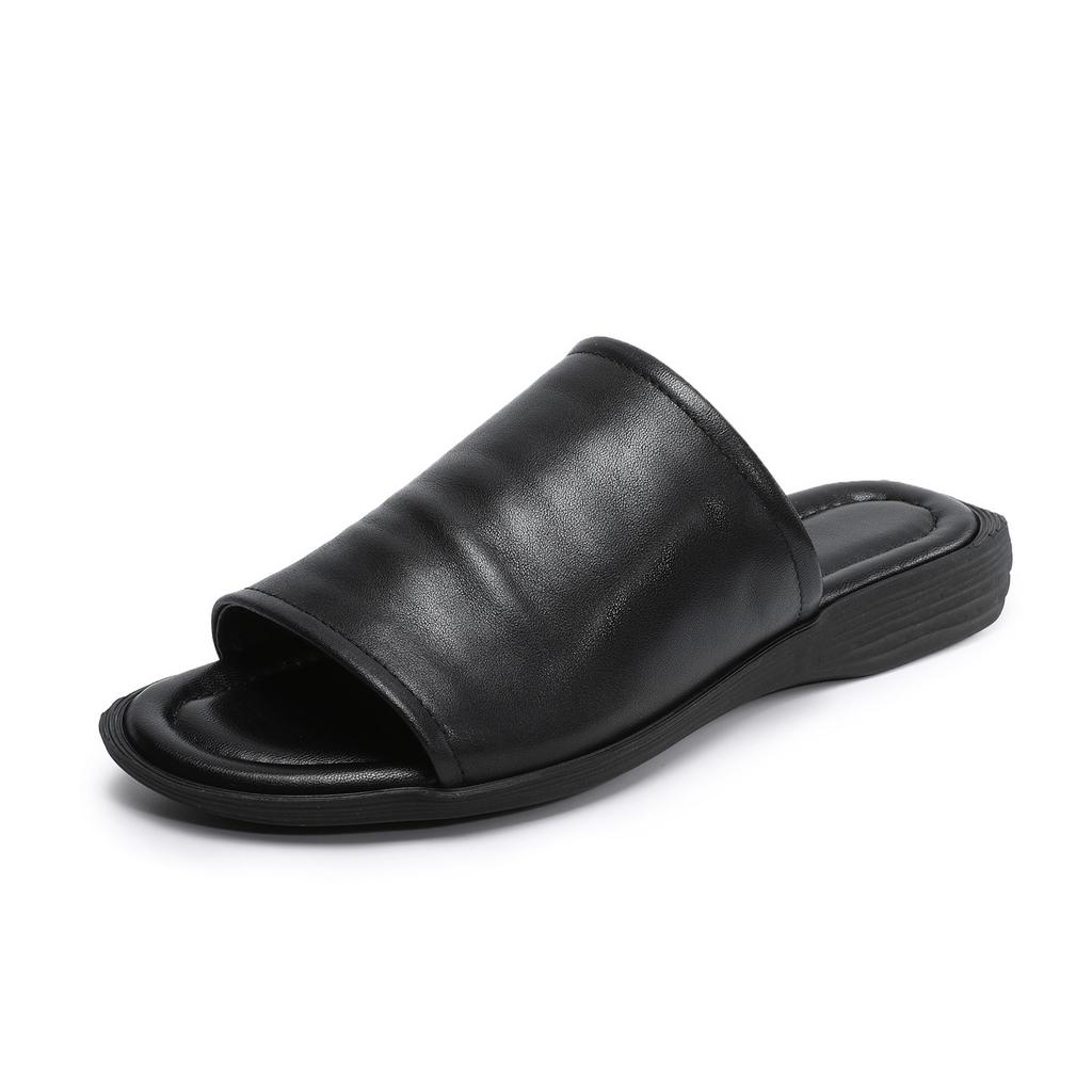 Johnature Retro Outerwear Slippers Genuine Leather Soft Soled Peep Toed Flat Women's Slides