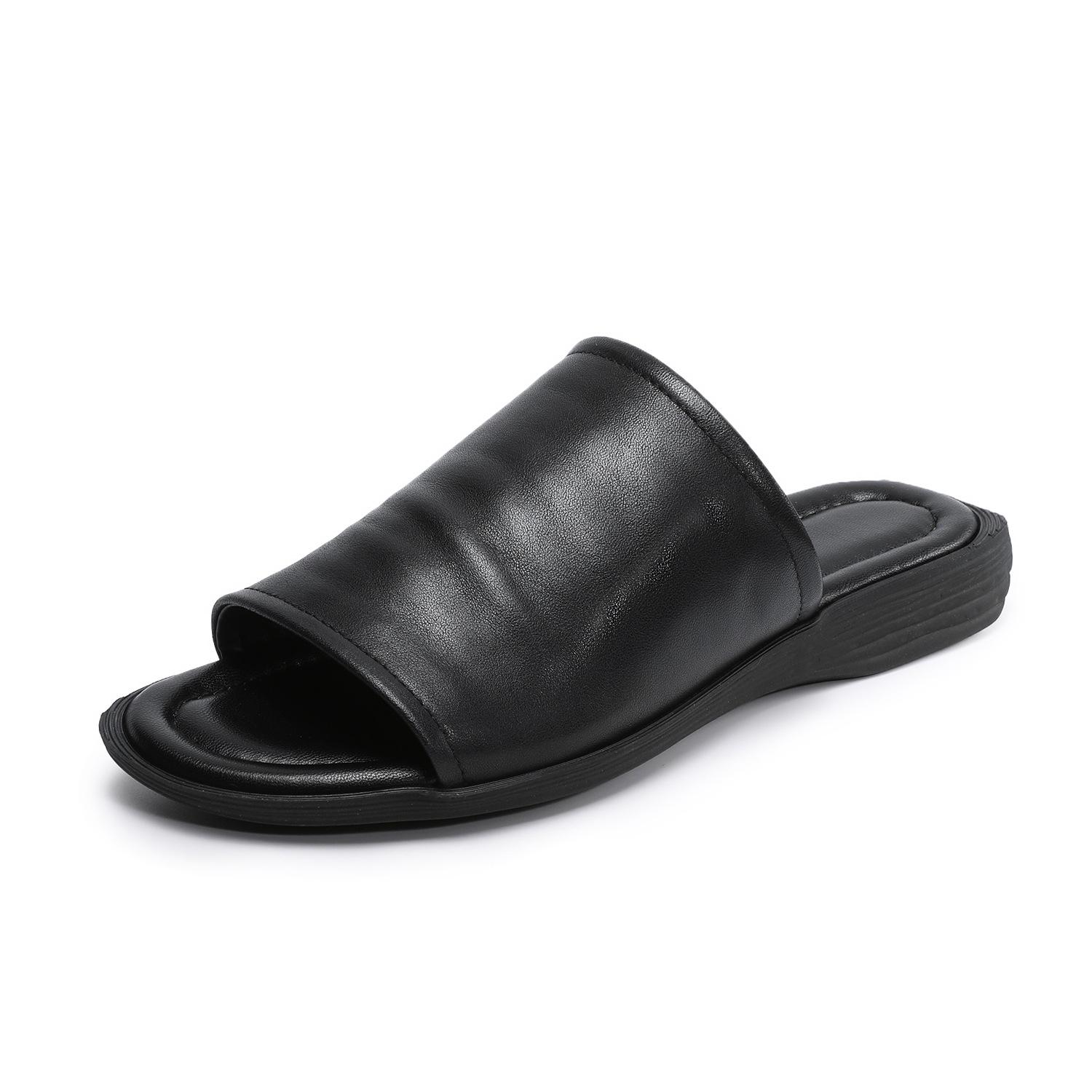 

Johnature Retro Outerwear Slippers Genuine Leather Soft Soled Peep Toed Flat Women s Slides 40 чорний