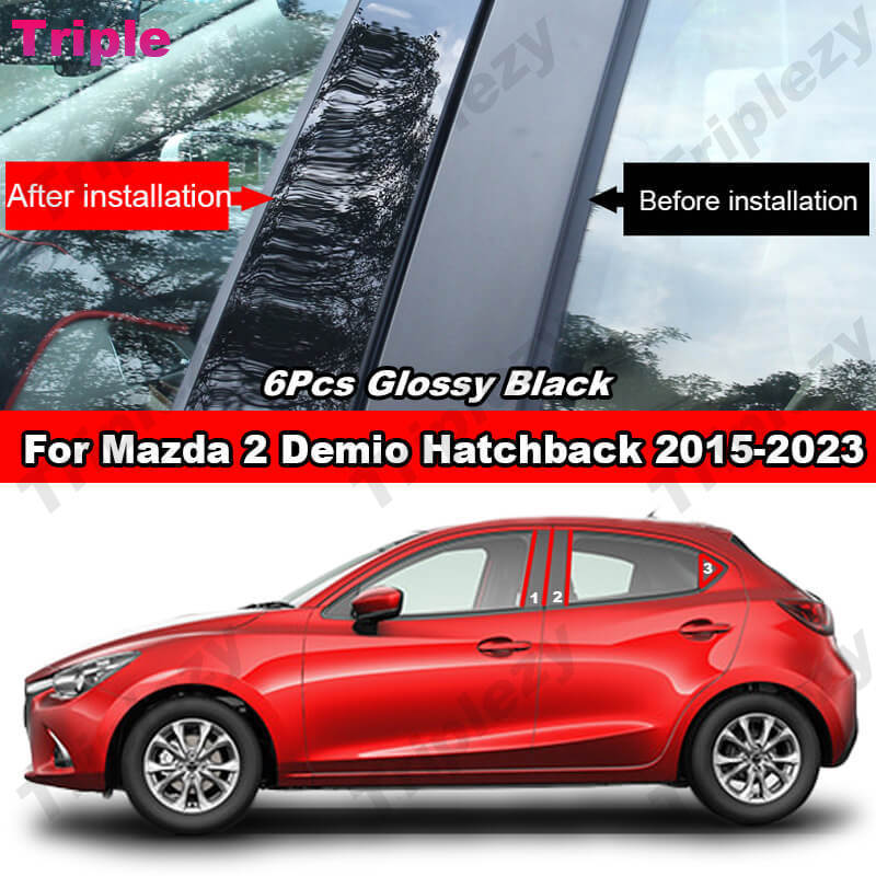 For Mazda 2 Demio Hatchback 2015- 6Pcs Glossy Piano Black Car BC Pillar Post Cover Trim Carbon Fiber PC Material Sticker