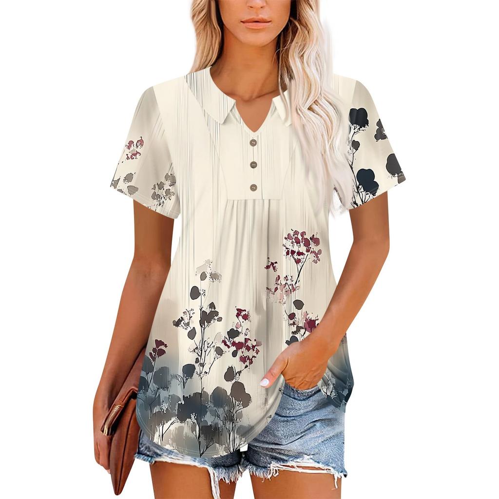 Women's Short Sleeve V-Neck Collared Tops Summer Business Casual Work T Shirts