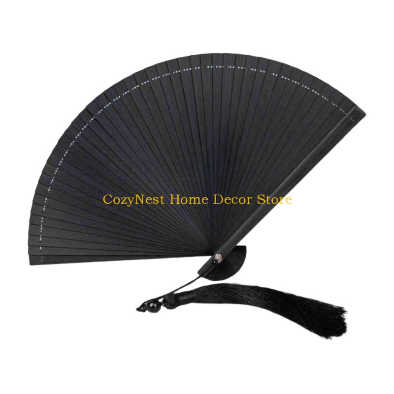 

92MF Artisanal Bamboos Folding Fan with Tassels Home Decoration Chinese Styles Art чорний