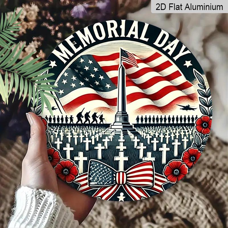 2D Flat, 1pc Memorial Day Round Metal Wall Art - Military Tribute with American Flag, Arlington Cemetery Tombstones & Iwo Jima Soldiers - Vintage