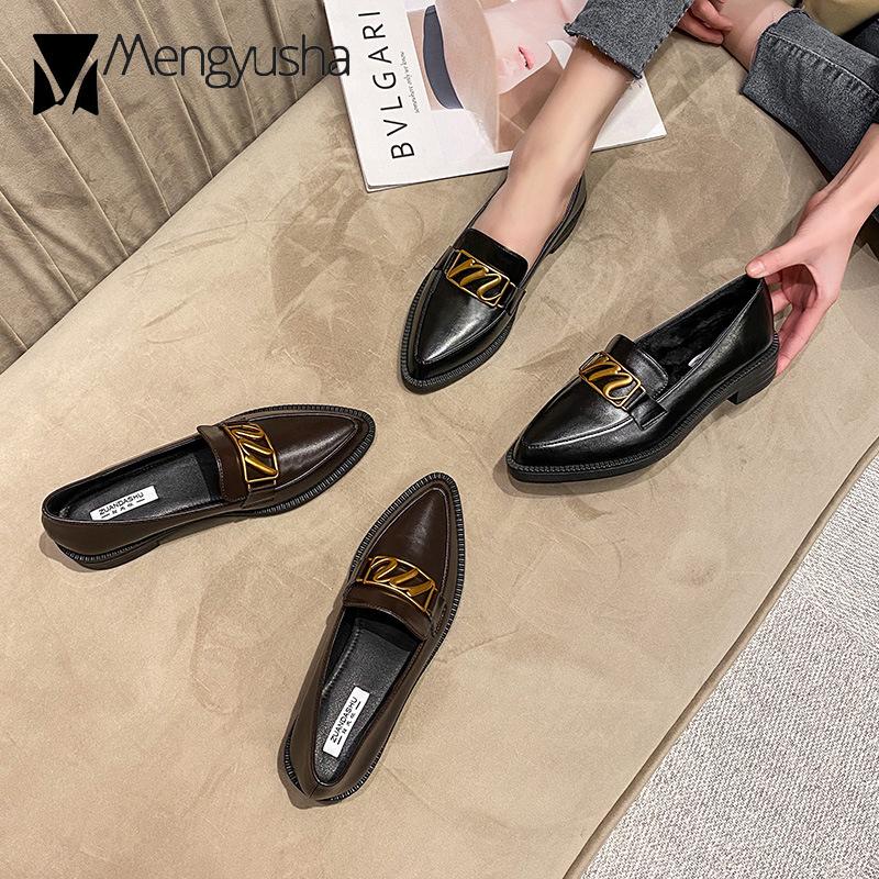 Fashion 2024 Brand Solid Leather Shoes Ladies Casual Oxfords Pointed Toe Flats Women Slip On Thick Heel Sneakers Big Size Spring Loafers