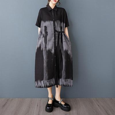 Κοντομάνικο Μεγάλο Μέγεθος Μαύρο Βαμβακερό Vintage Νέο σε Φορέματα για Γυναίκες Casual Φαρδύ Μακρύ Καλοκαιρινό Φόρεμα-πουκάμισο