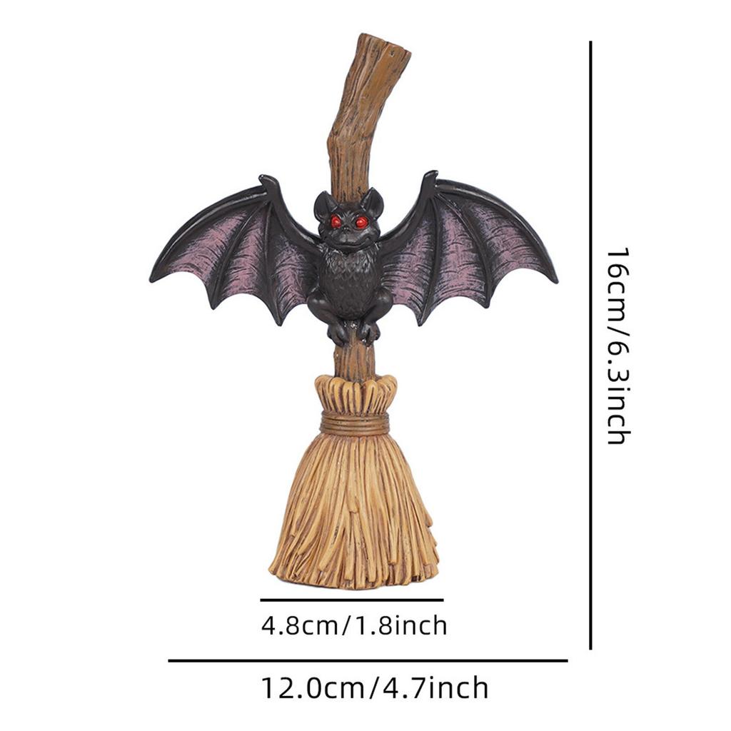 Halloween Bat Ornament Spooky Halloween Broom Bat Figurine With Eyes Handmade Resin Bat Decoration For Indoor Outdoor For Patio