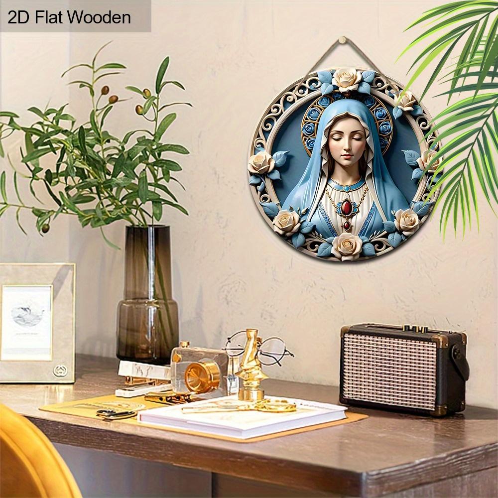 Elegant Wooden Sign with Our Lady Pattern, Unique Round Sign for Wall Front Door Hanging Decor, Ideal Festival Ornament