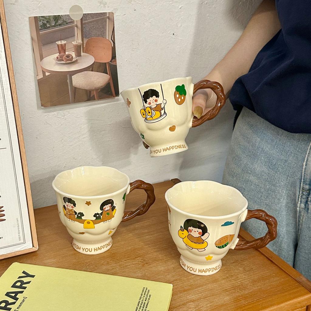 Cartoon Boy and Girl Couple Ceramic Mug Souvenir High Footed Cup To Give Birthday Gift To Friends Best Friend Sisters