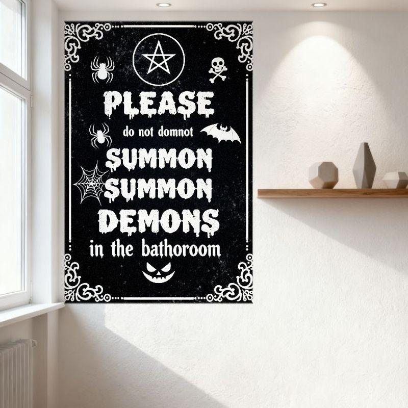 Gothic Halloween Demon Summoning Warning Metal Tin Sign - Pentagram Spiders Bats Jack-o'-Lantern Wall Decor for Home Bar Cafe Ma