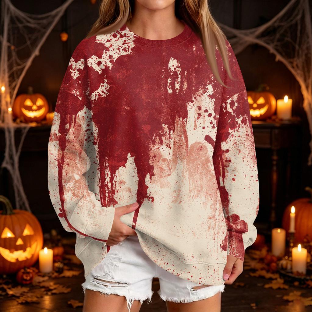 Women's Casual Round Neck Sweatshirt with Halloween Print, Long Sleeve Pullover for Festivals