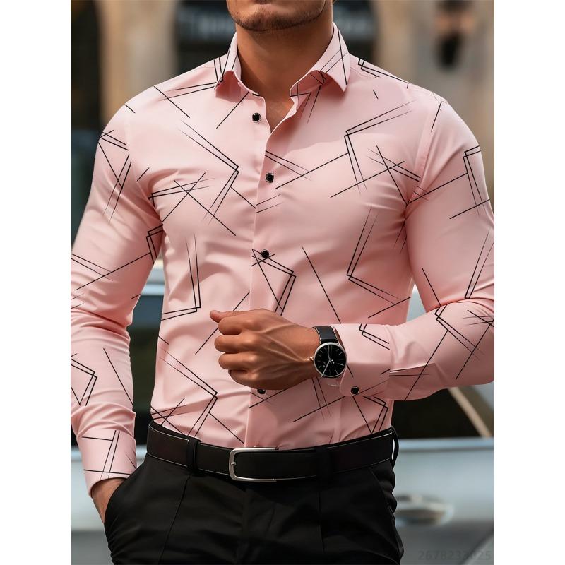 Herren Trendiges geometrisches Linienmuster Langarmhemd Business Casual Mode Design Slim Fit Bügelfrei Vielseitig Ins Style Hemd