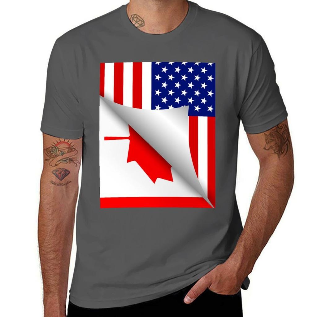 Canadian American Flag Tshirt Basic Casual Wear Short Sleeve Top