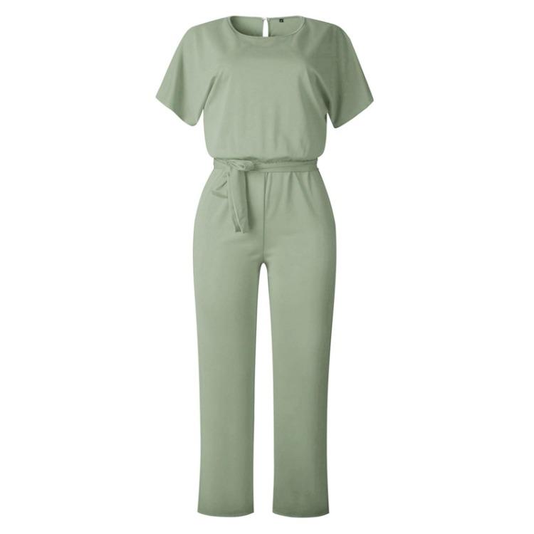 Elegant Women Slimming Jumpsuit with Batwing Short Sleeve and Lace Up Waist Solid Color Commuting Pantis Fashion Outfit
