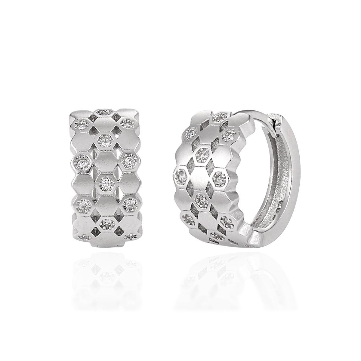 WMET598 S925 Sterling Silver Fashion Temperament Honeycomb Geometric Hoop Earrings with Cubic Zirconia Luxurious Look платиновый