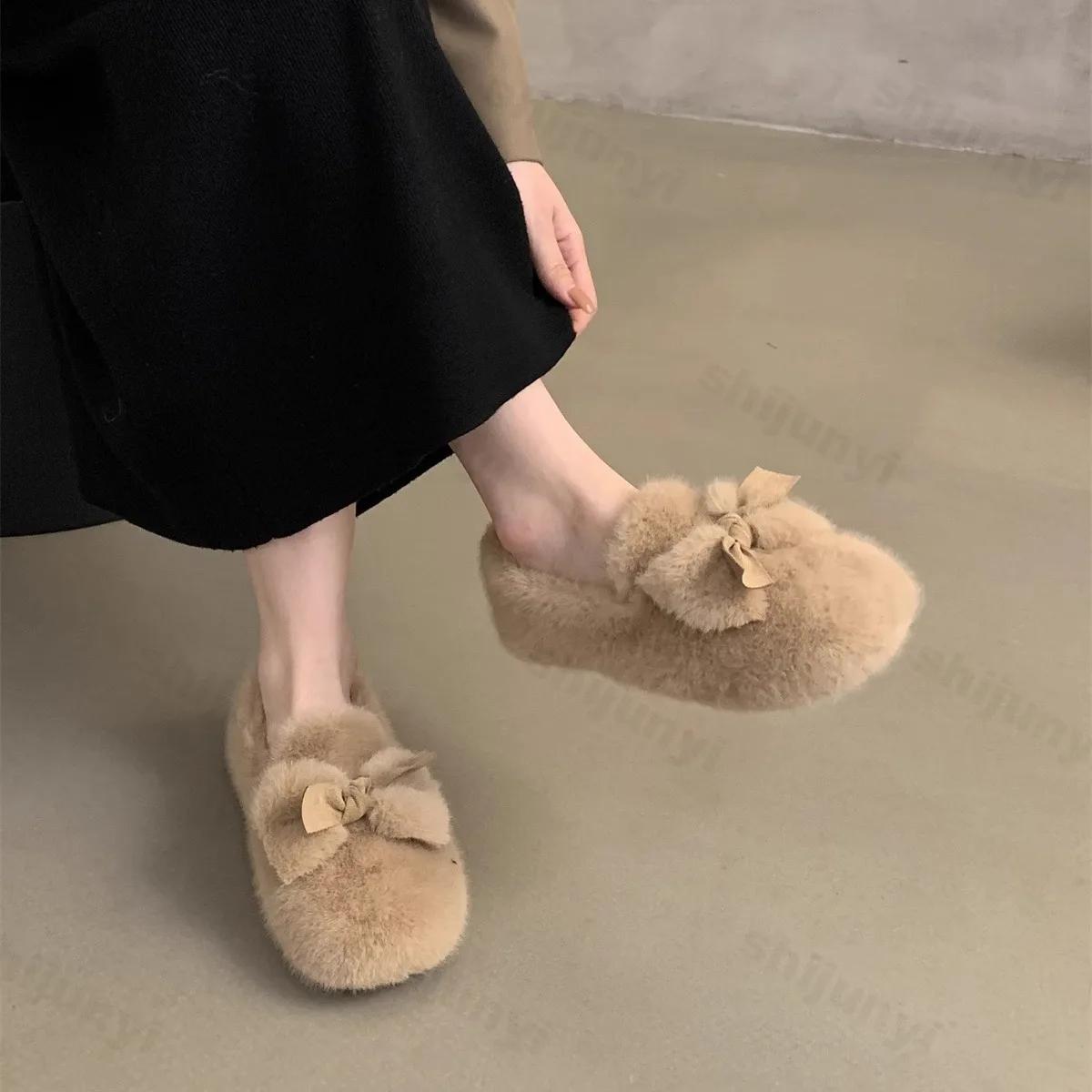 

Women Plush Shoes Wear Snow Shoes Outdoors New 2024 Autumn Winter Fashion Bowknot Design Cotton Warm Flat Loafers Slip-on Shoes 39 хакі
