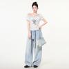 Korean White Slanted Shoulder Off-the-shoulder Printed Short-sleeved T-shirt Women's Summer New Design Loose Shirt Top