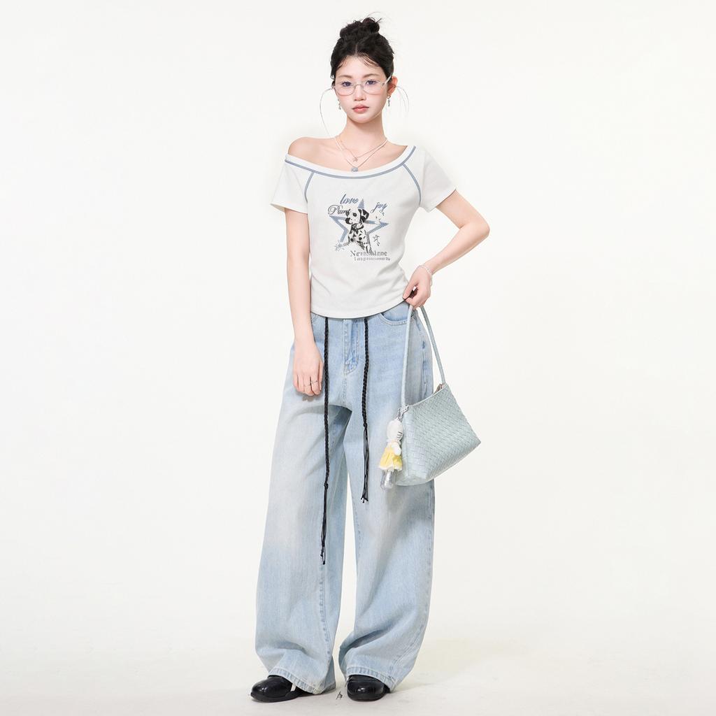 Korean White Slanted Shoulder Off-the-shoulder Printed Short-sleeved T-shirt Women's Summer New Design Loose Shirt Top