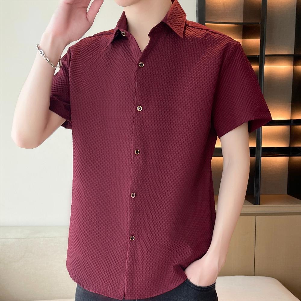 Men's Summer Short-sleeved Shirt, Elastic Casual Checked Shirt