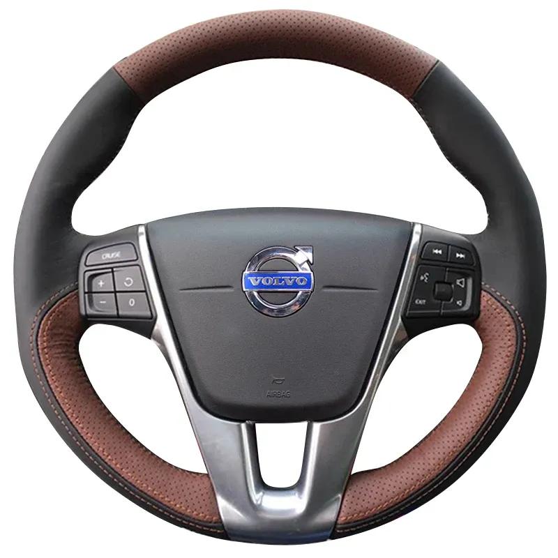 For Volvo XC60 S60 V40 V60 S40 2011-2017 Hand-stitched Non-slip Black Brown Leather Car Steering Wheel Cover