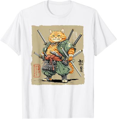 Samurai Cat Warrior Swords Graphic Tee Mens Cotton Casual TShirt