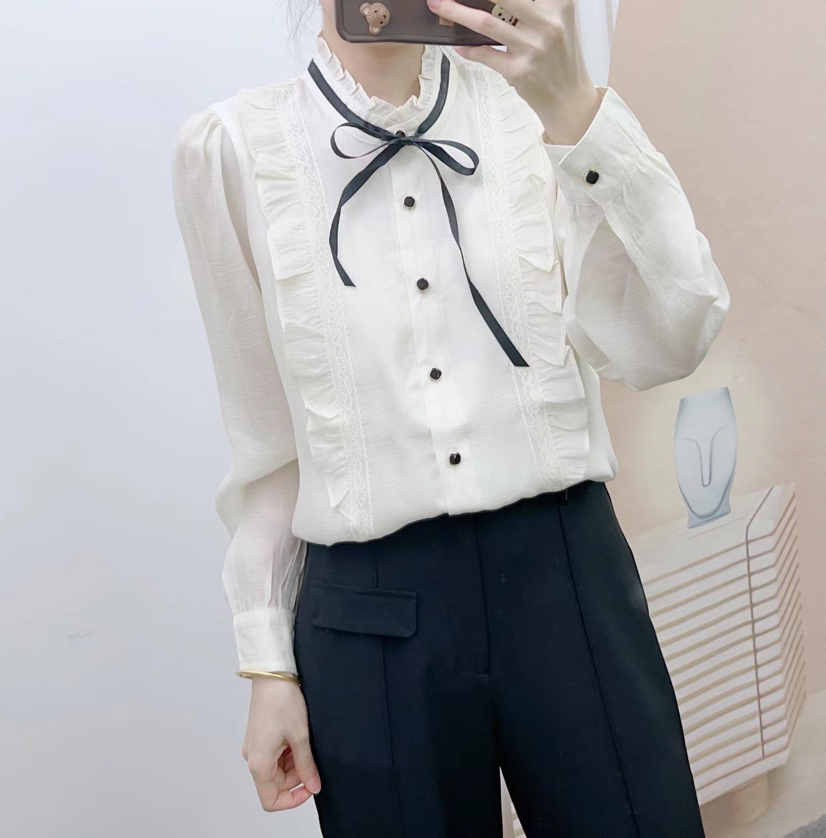 Spring 2026 Fashion Lace Trim Slimming Long Sleeve Top M (45-54 kg) абрикосовый