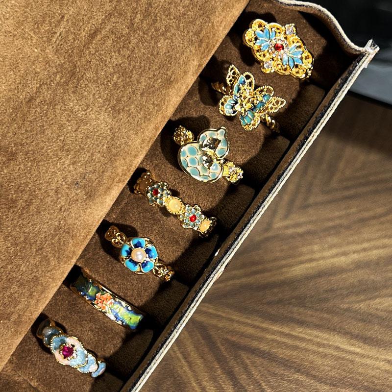 Medieval Style Colored Enamel Butterfly Flower Golden Light Color Open Ring Women's Fashion Niche Temperament Light Luxury Ring