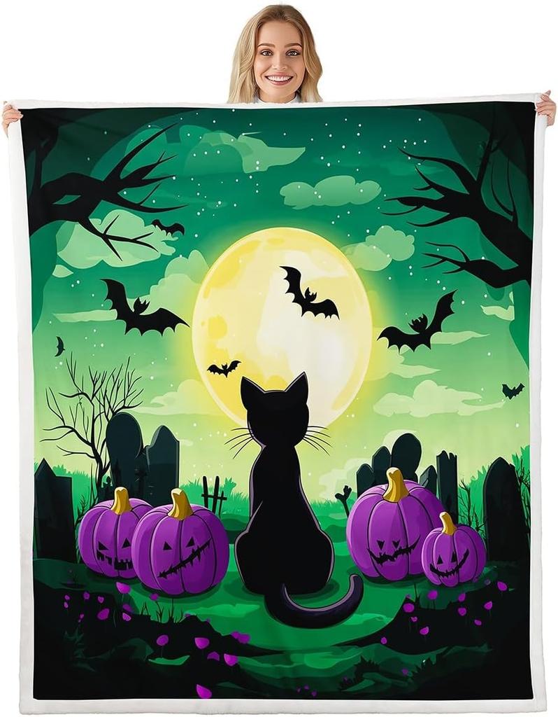 GUOYU Decke Happy Halloween Fleece-Decke Baby Kürbis Geist Feiertags Sherpa-Decke Gotische Fledermäuse Florale Pflanzen Flauschige Plüschdecke für Kinder