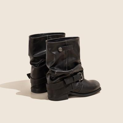 Stiefel Damen Nischendesign Western Jeans Röhrenstiefel Vintage Plissiert Stapelabsatz Ritter Martin Stiefel