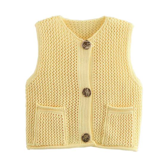 Women Knitting Vest V-Neck Sleeveless Single-Breasted Pocketed Knitting Waistcoat Versatile Solid Color Knitwear