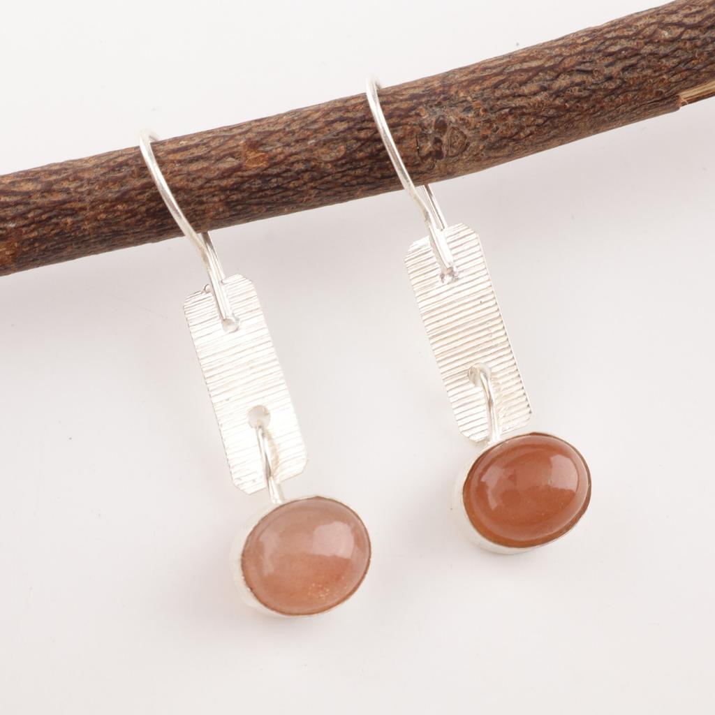 Oval Peach Moonstone Gemstone 925 Sterling Silver Jewelry Handmade Earrings 1.9" EE-168-24