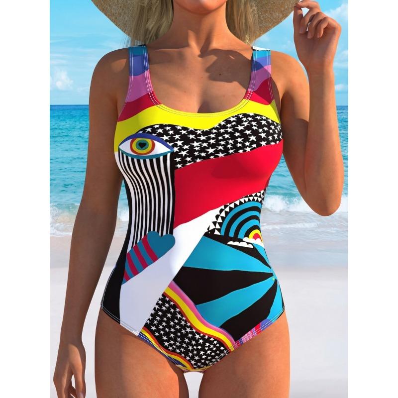 Women s Abstract Geometric Print Scoop Neck One-Piece Swimsuit S
