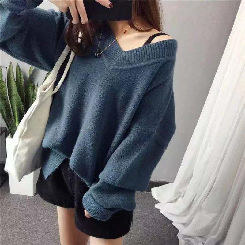 Casual V-neck Loose Pullover Knitted Women Sweater Autumn and Winter Fashion Bottoming Shirt Elegant Office Ladies Long Sleeve Sweater Solid Color Top