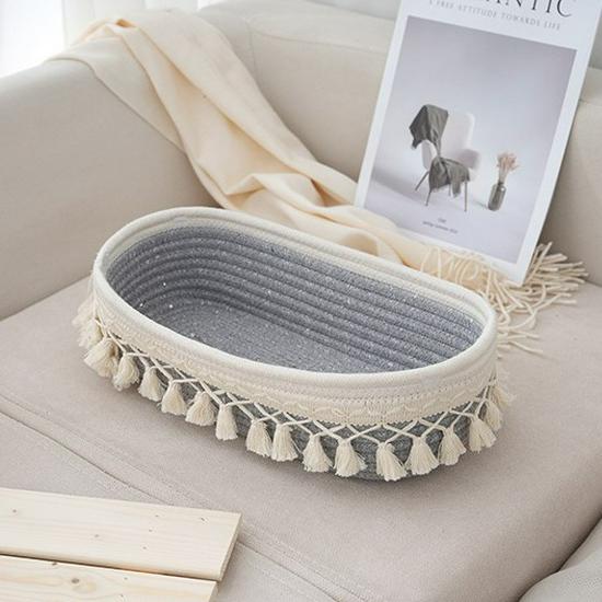 Beiger Baumwollseil Quastenkorb, Wohnzimmer-Organizer im Bauernhausstil