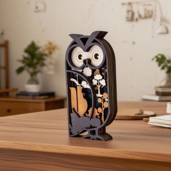 Desktop Owl Sculpture for Office Multi Layer Wooden Figurine, 3D Layered Crafts, Creative Wood Decorative Animal Statues Carving Ornaments Home