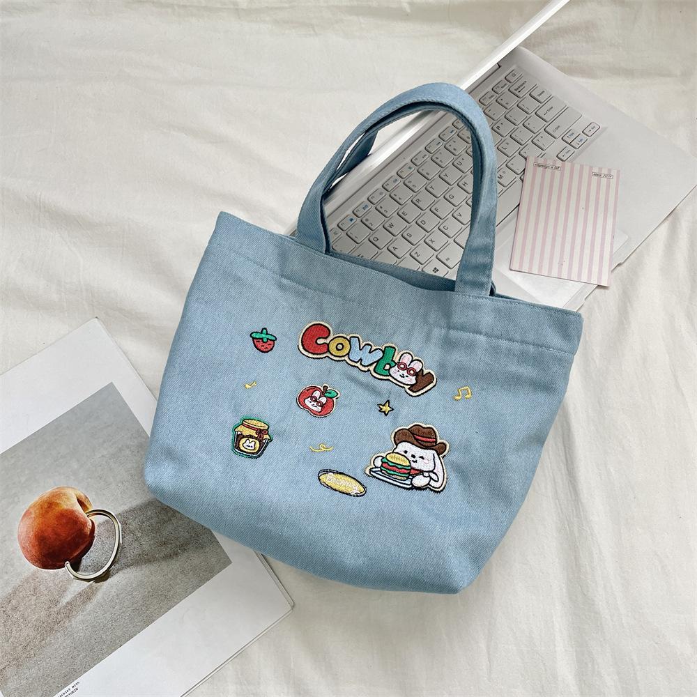 2 Cute Denim Embroidery Hand Bag Portable Storage Out Wrist Bag Large Capacity Portable Bento Bag