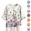 Women's Summer Fashion V-Neck 3/4 Sleeve Shirt Casual Loose-Fit Floral Print Top
