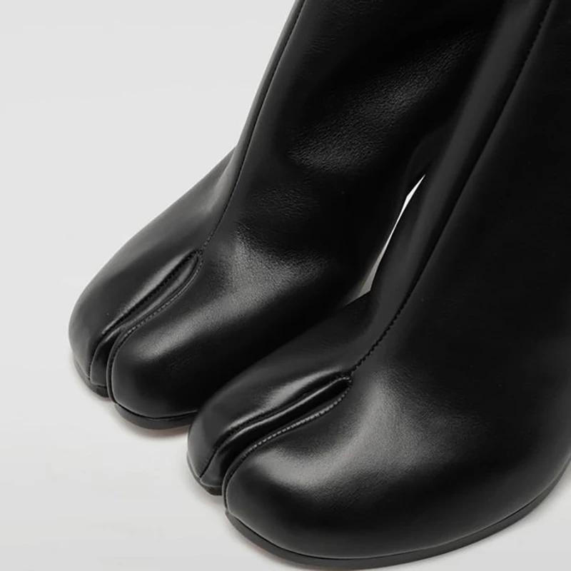 Luxury Brand Design Leather Boots Fashion Round Chunky High Heel Ankle Boots For Women Autumn Winter Split Toe Shoes