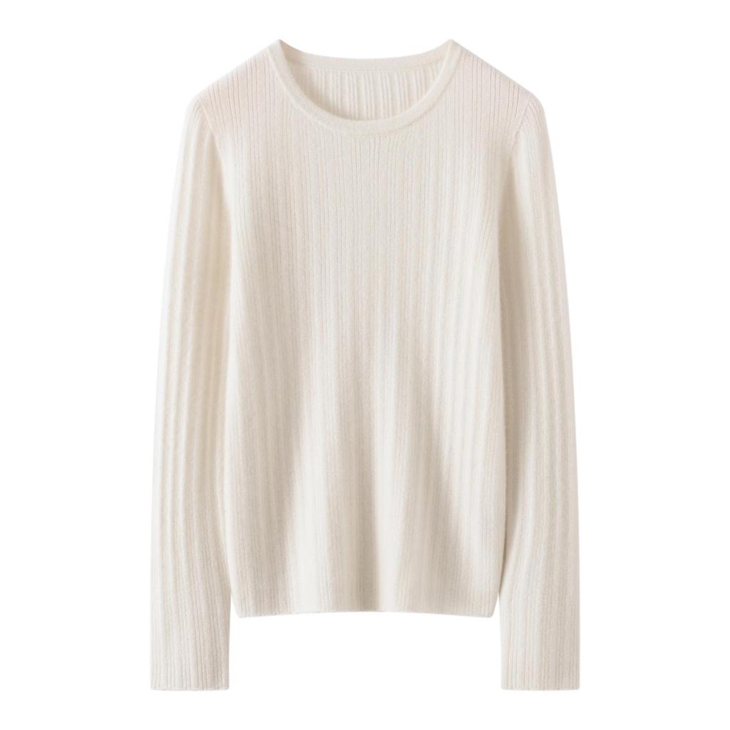 Lekasha Pure Cashmere Seamless Vertical Stripe Round Neck Base Layer Shirt for Autumn/Winter